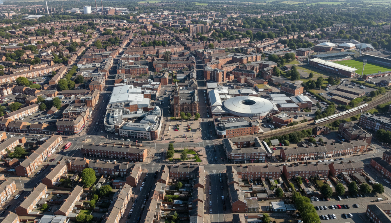 Scunthorpe, UK - aerial view showing the town center and local architecture