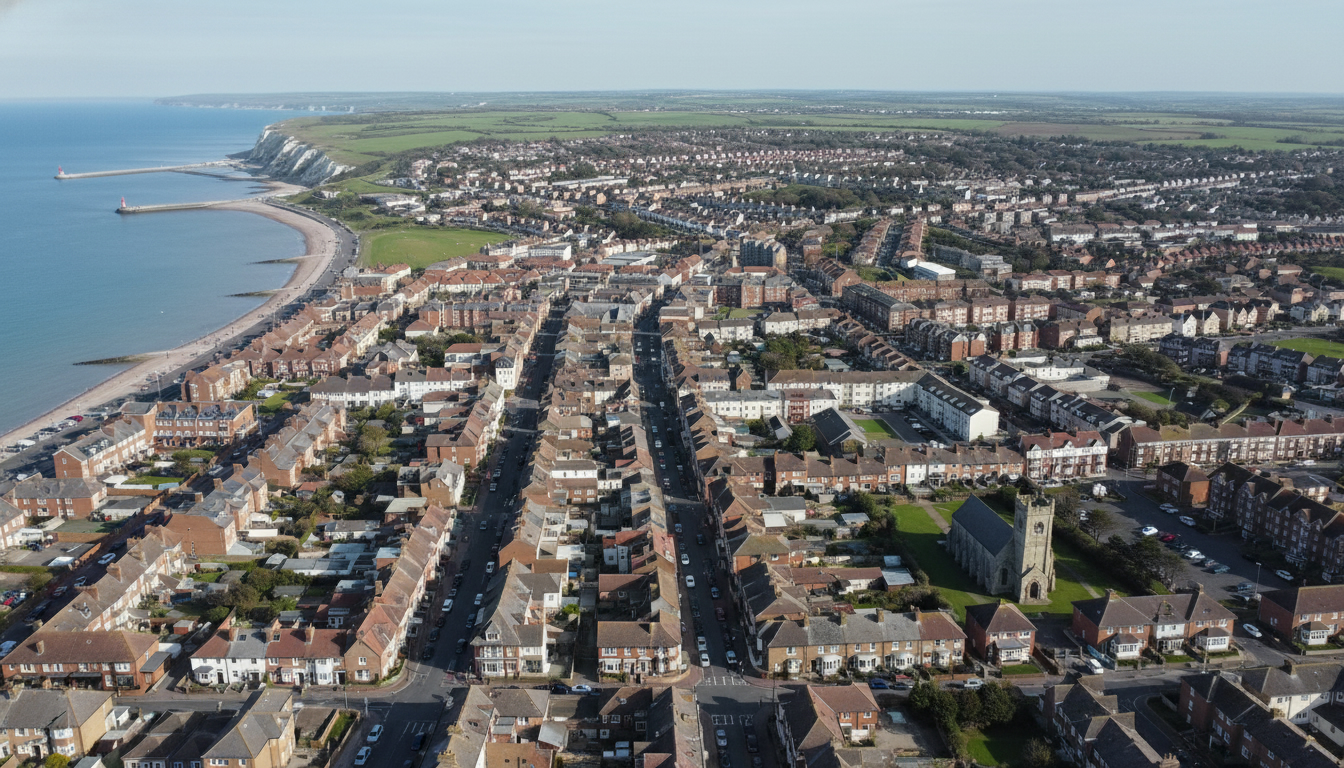Seaford, UK - aerial view showing the town center and local architecture