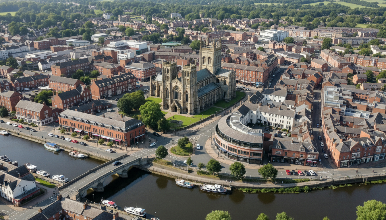 Selby, UK - aerial view showing the town center and local architecture