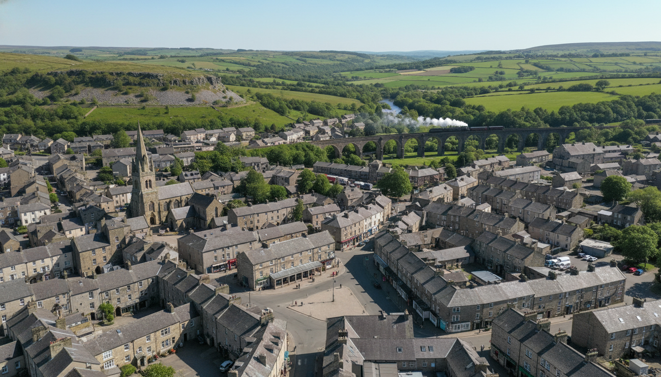 Settle, UK - aerial view showing the town center and local architecture