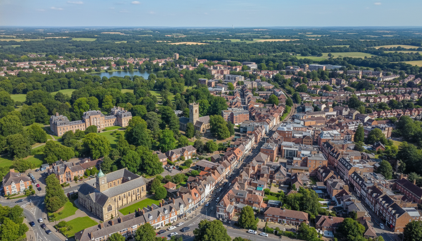Sevenoaks, UK - aerial view showing the town center and local architecture