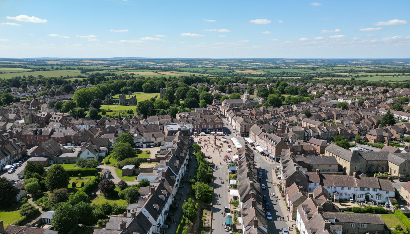Shaftesbury, UK - aerial view showing the town center and local architecture