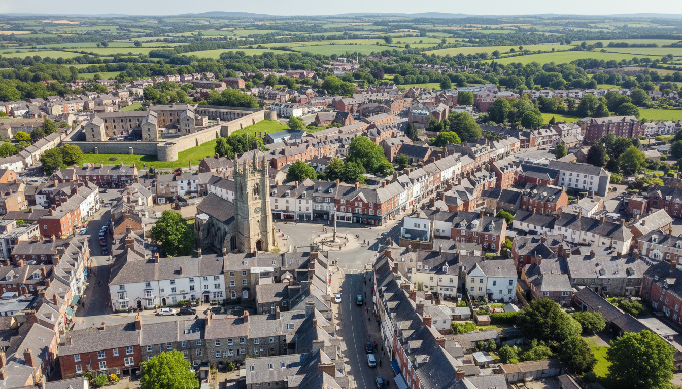 Shepton Mallet, UK - aerial view showing the town center and local architecture