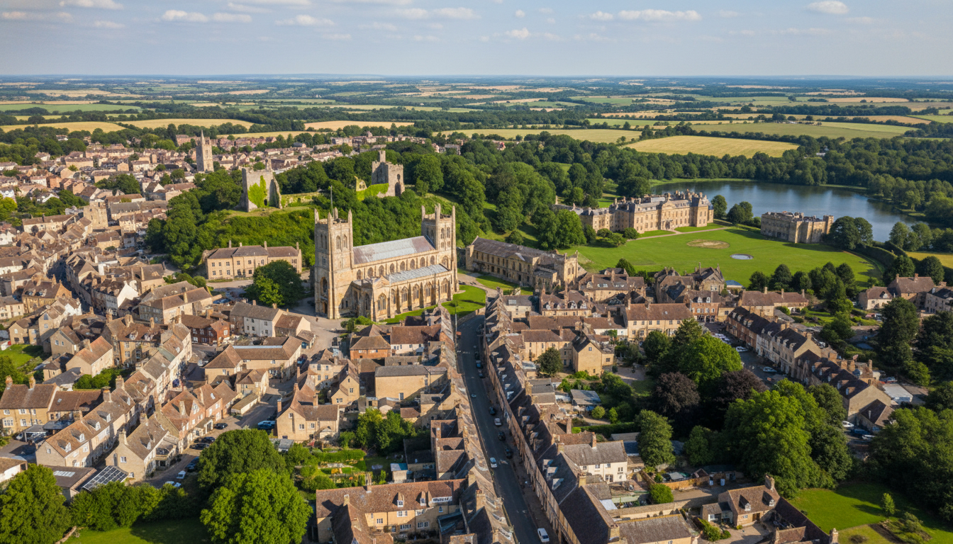 Sherborne, UK - aerial view showing the town center and local architecture