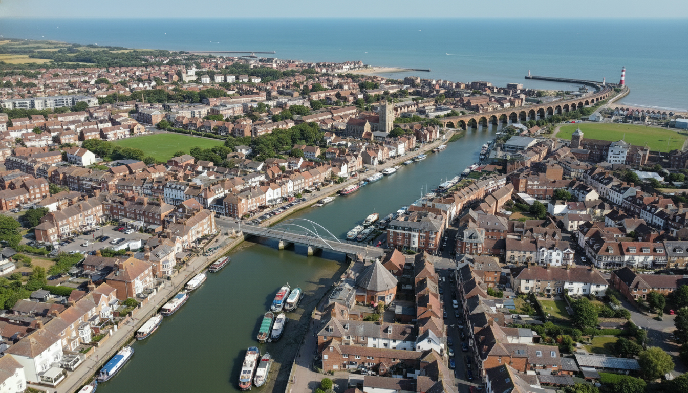 Shoreham-by-Sea, UK - aerial view showing the town center and local architecture