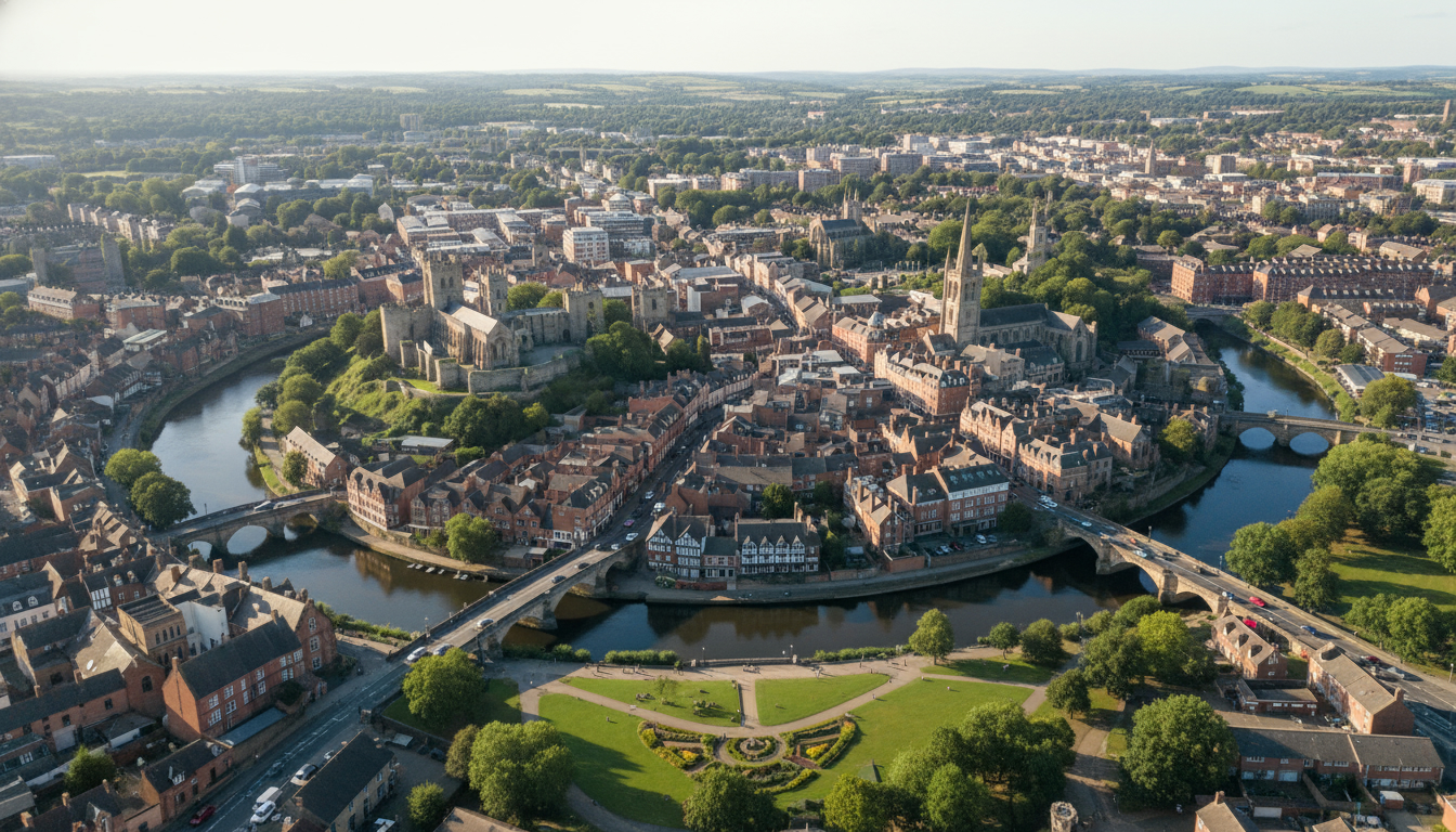 Shrewsbury, UK - aerial view showing the town center and local architecture
