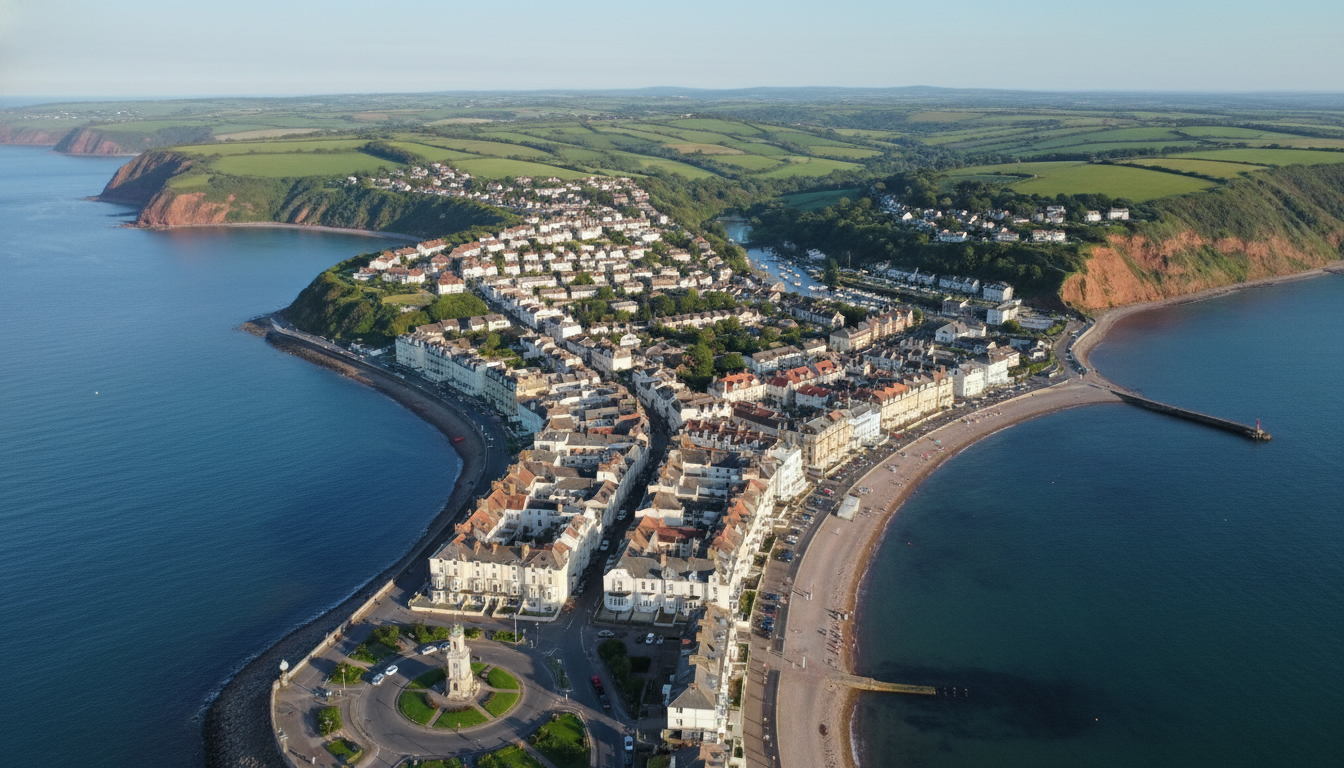 Sidmouth, UK - aerial view showing the town center and local architecture