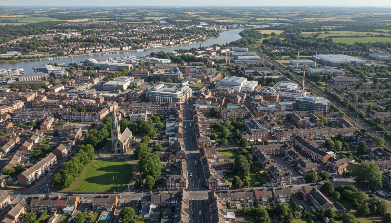 Sittingbourne, UK - aerial view showing the town center and local architecture