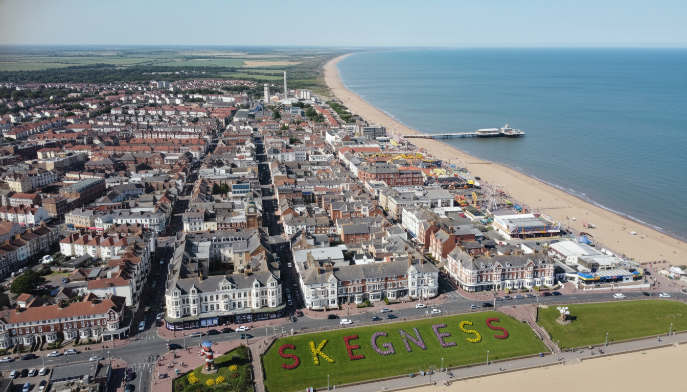 Skegness, UK - aerial view showing the town center and local architecture