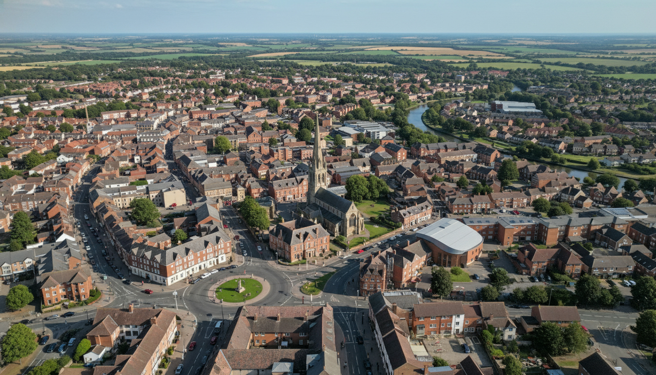 Sleaford, UK - aerial view showing the town center and local architecture