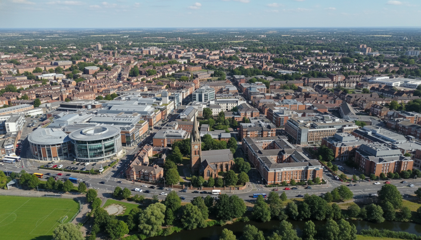 Solihull, UK - aerial view showing the town center and local architecture
