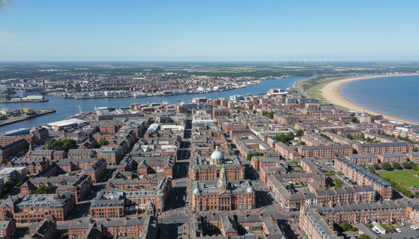 South Shields, UK - aerial view showing the town center and local architecture