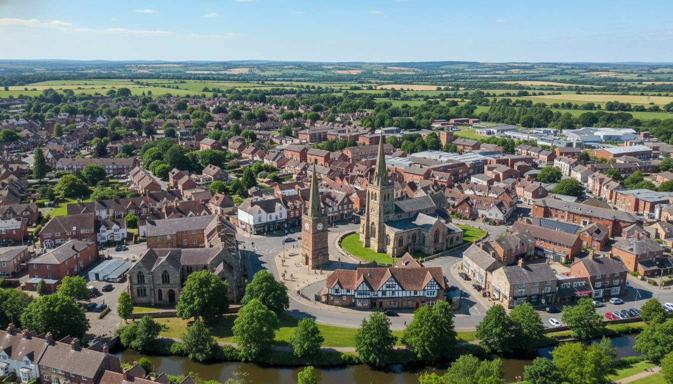 Southam, UK - aerial view showing the town center and local architecture
