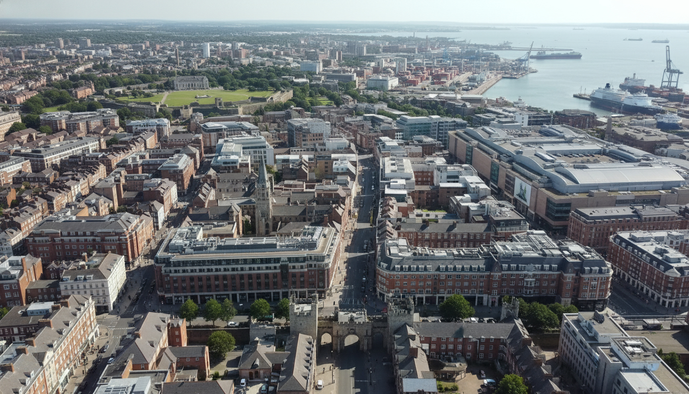 Southampton, UK - aerial view showing the town center and local architecture