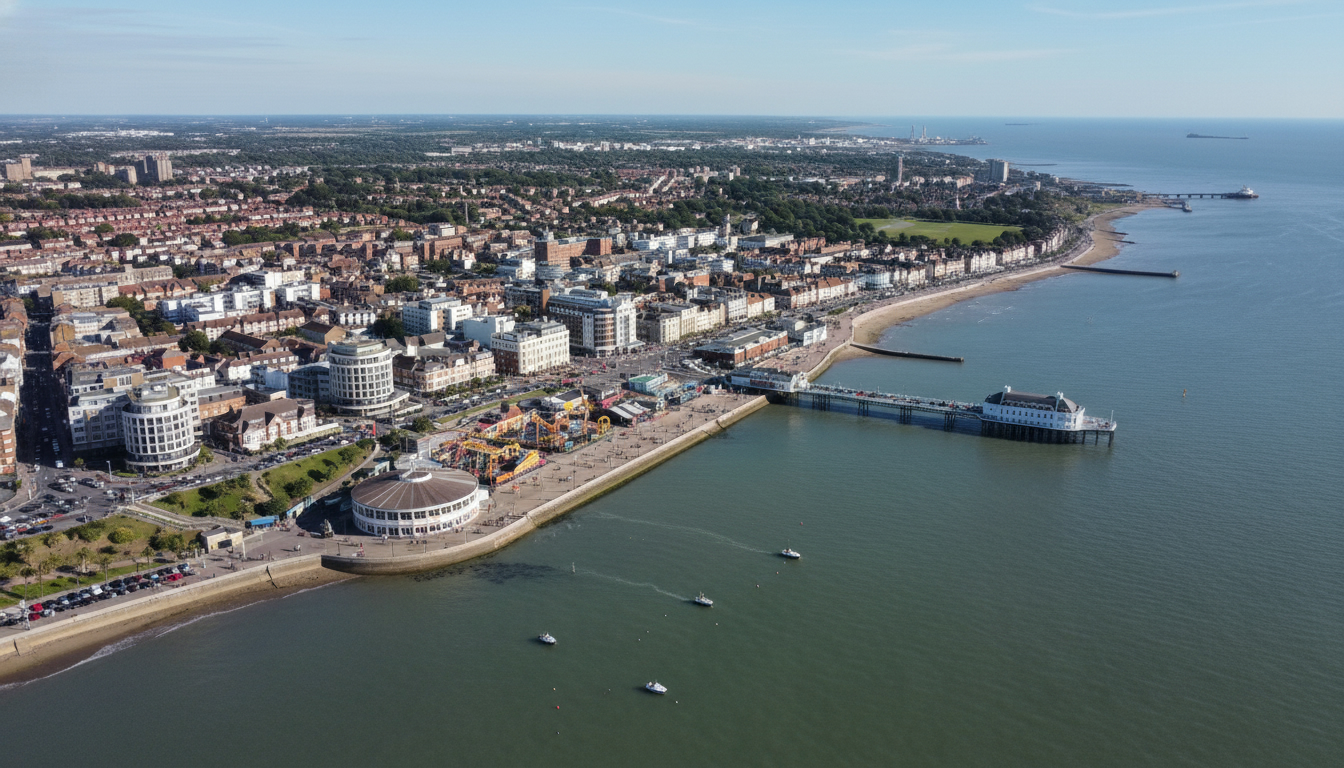 Southend-on-Sea, UK - aerial view showing the town center and local architecture