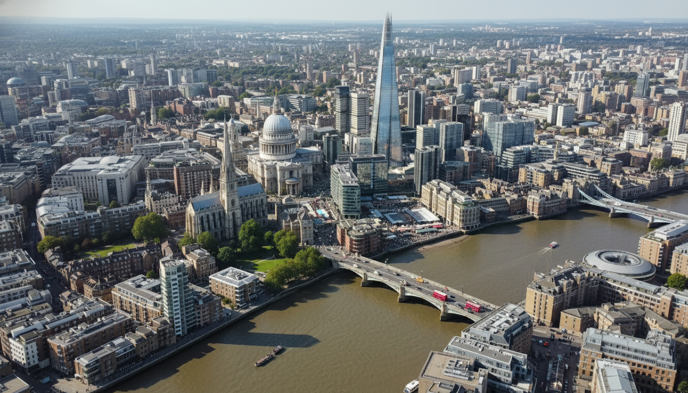 Southwark, UK - aerial view showing the town center and local architecture