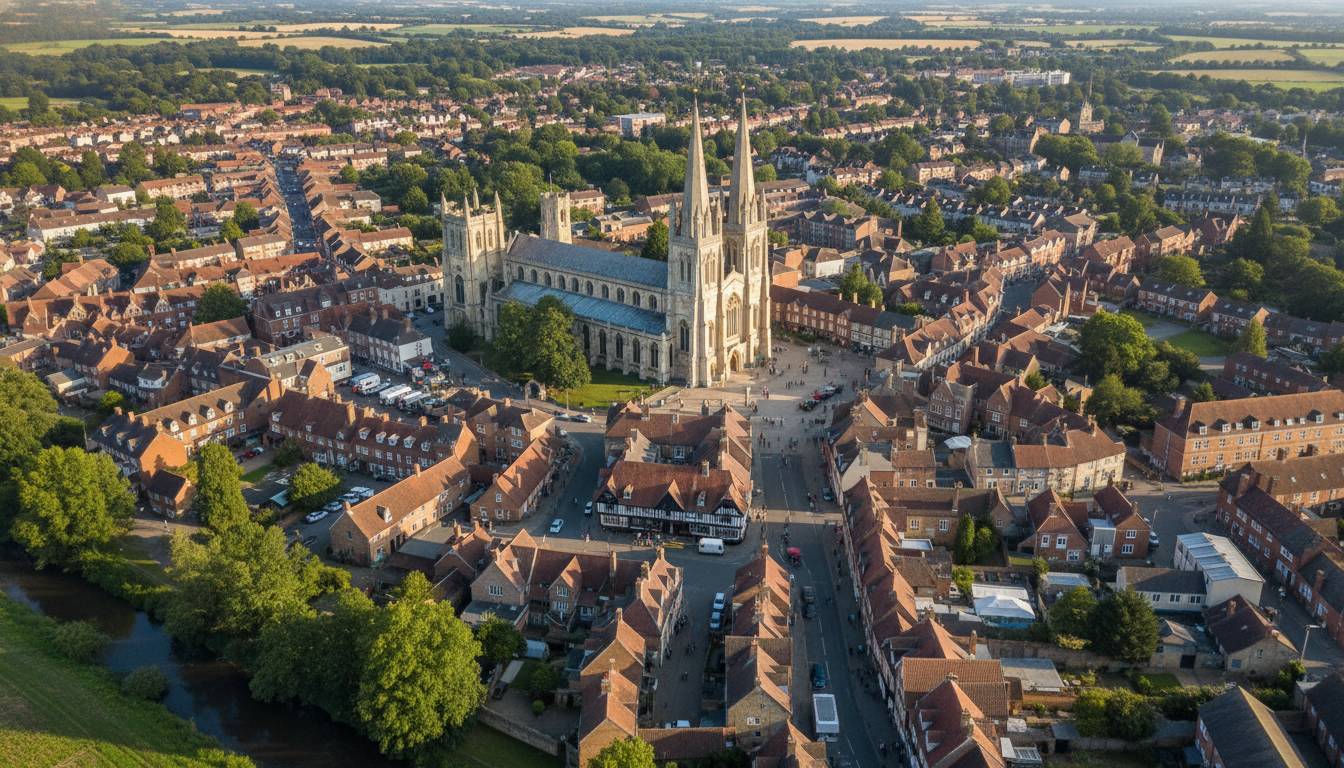 Southwell, UK - aerial view showing the town center and local architecture