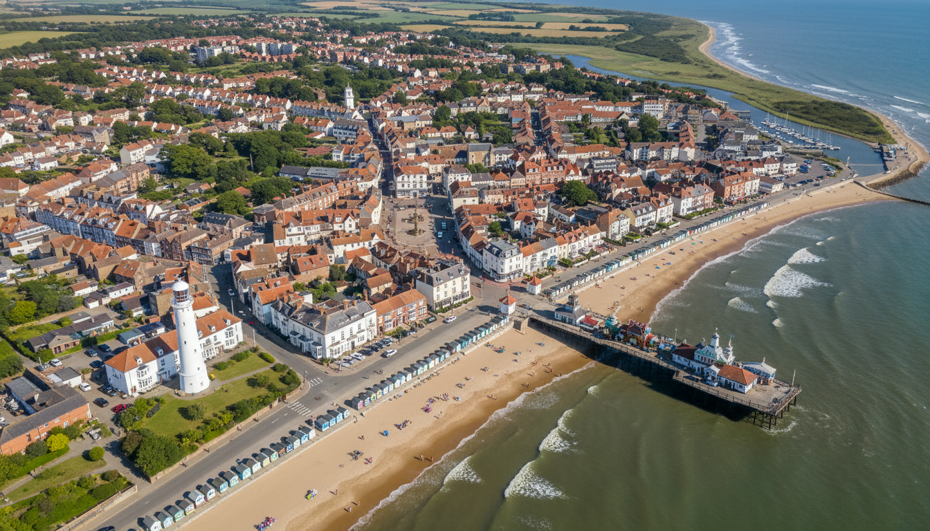 Southwold, UK - aerial view showing the town center and local architecture