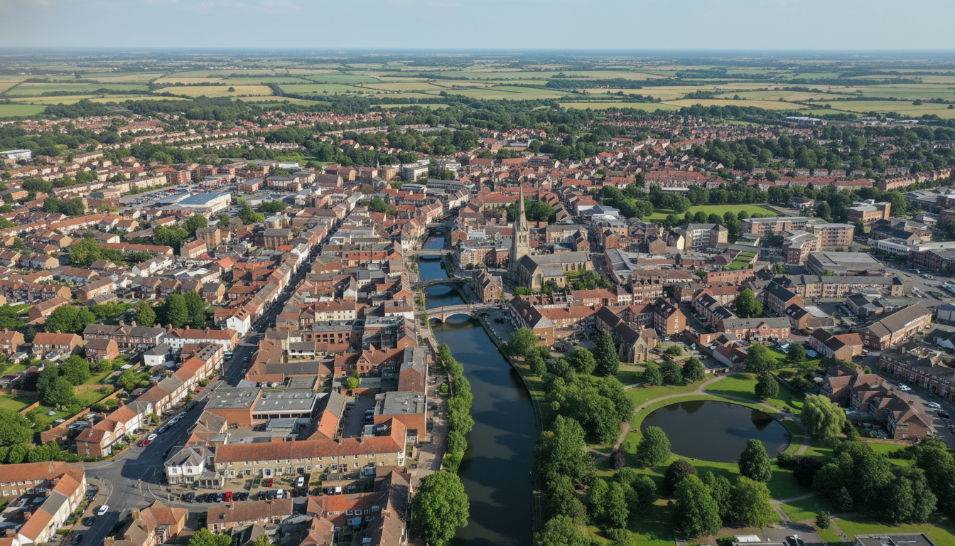 Spalding, UK - aerial view showing the town center and local architecture
