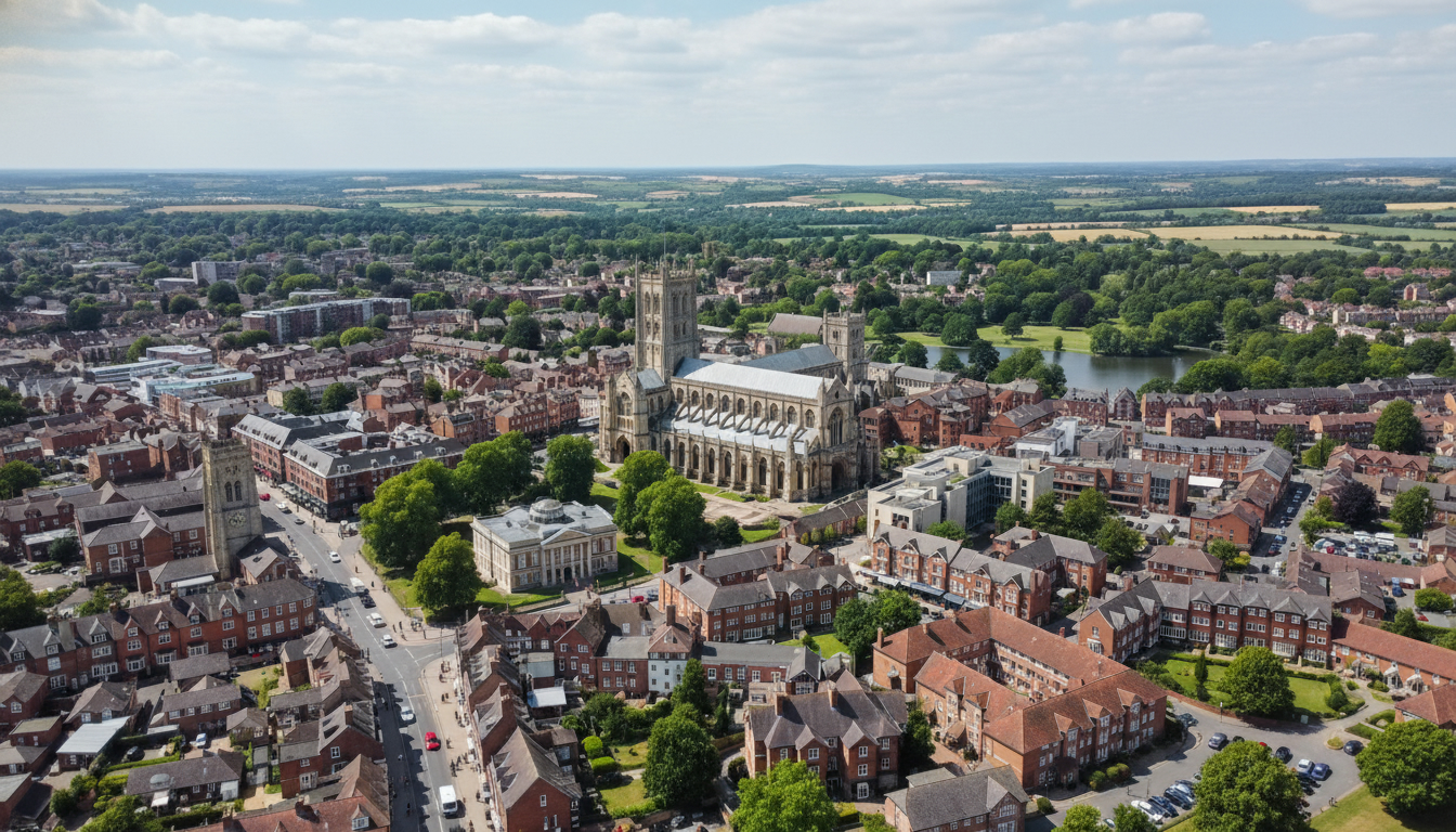 St Albans, UK - aerial view showing the town center and local architecture