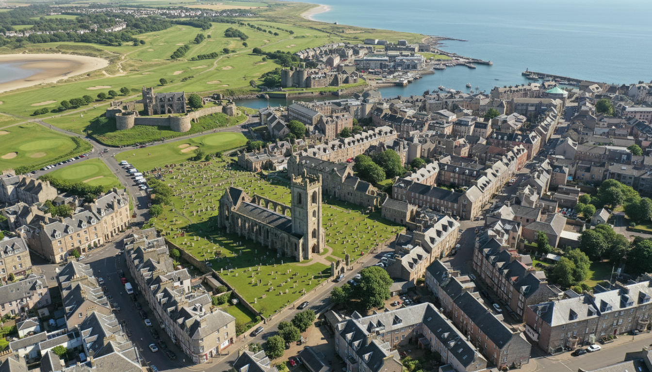 St Andrews, UK - aerial view showing the town center and local architecture