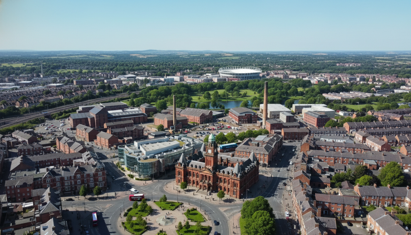 St Helens, UK - aerial view showing the town center and local architecture