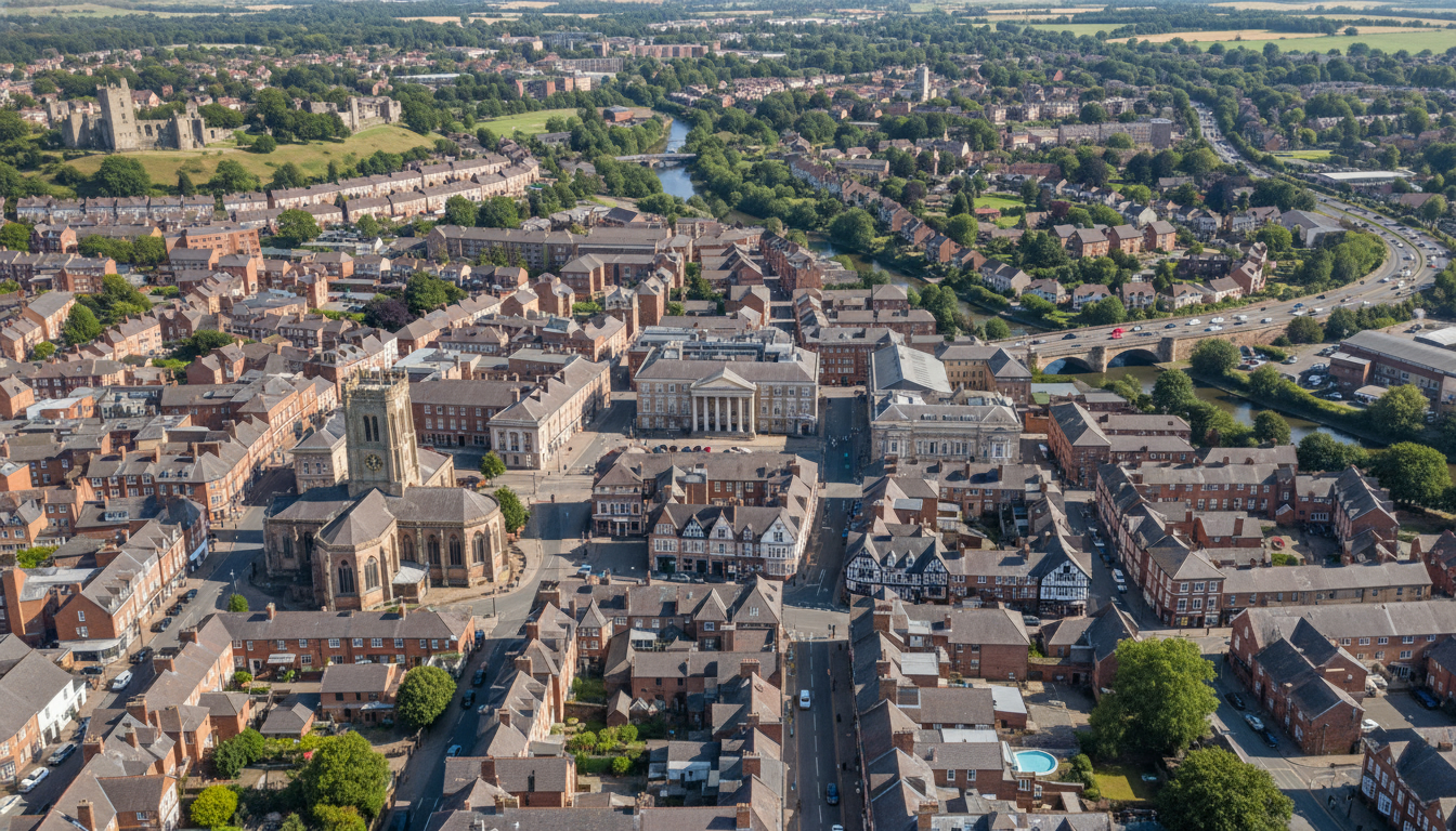 Stafford, UK - aerial view showing the town center and local architecture