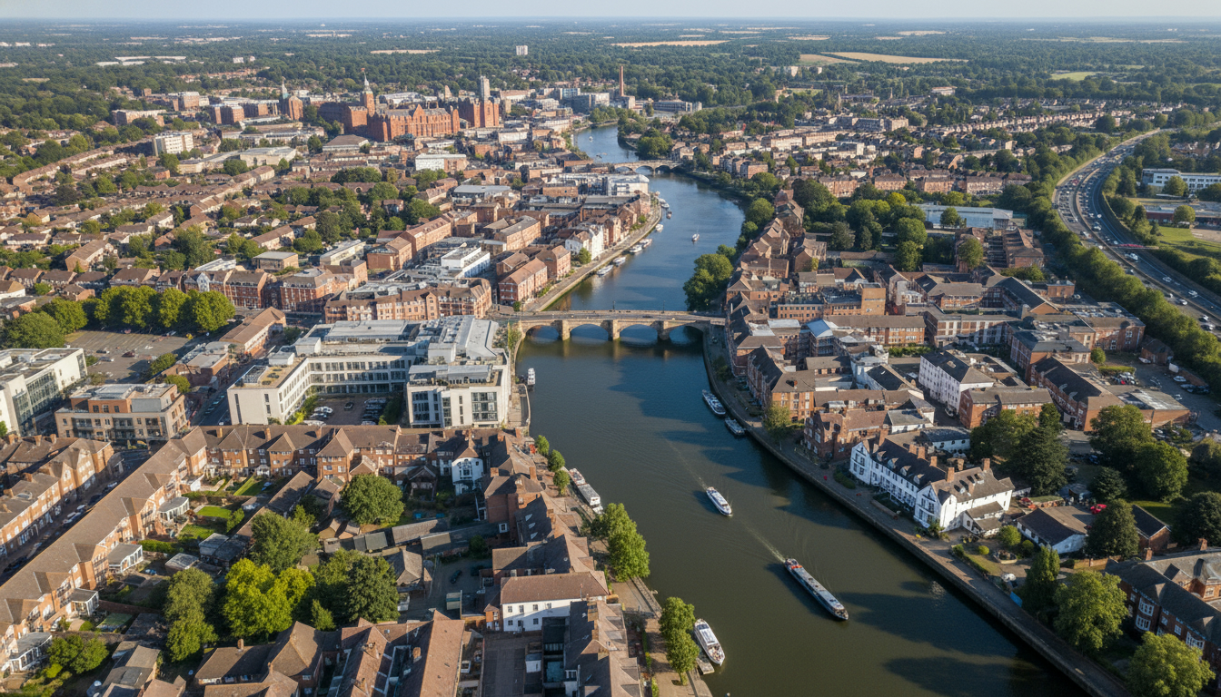 Staines, UK - aerial view showing the town center and local architecture