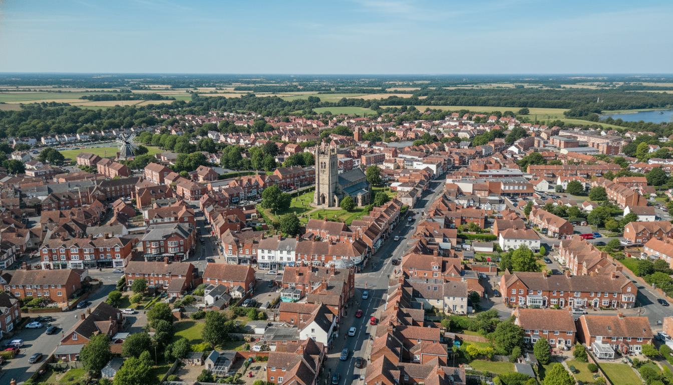 Stalham, UK - aerial view showing the town center and local architecture