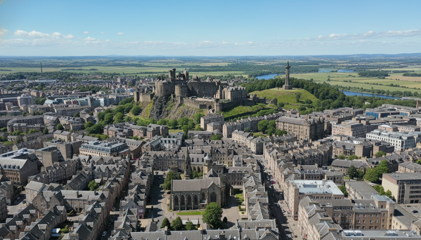 Stirling, UK - aerial view showing the town center and local architecture