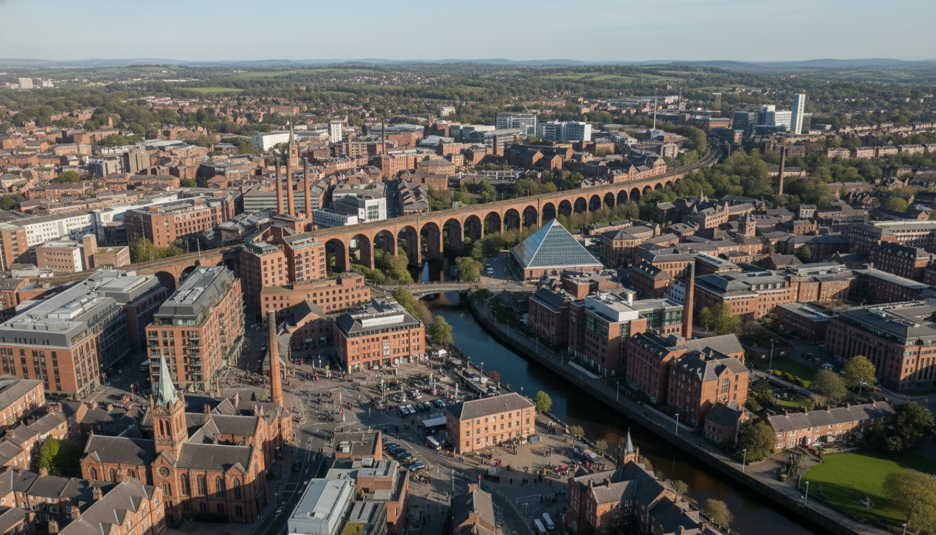 Stockport, UK - aerial view showing the town center and local architecture