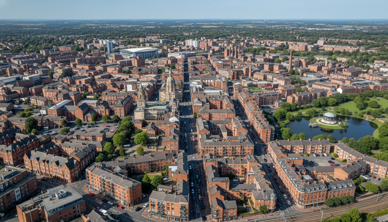 Stoke, UK - aerial view showing the town center and local architecture
