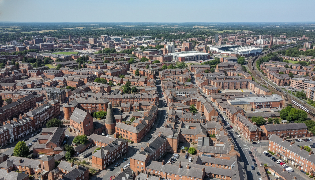 Stoke-on-Trent, UK - aerial view showing the town center and local architecture