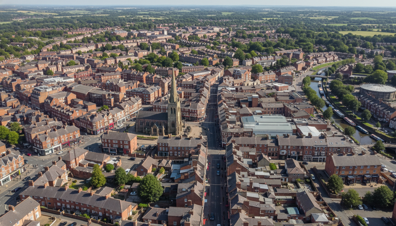 Stourbridge, UK - aerial view showing the town center and local architecture
