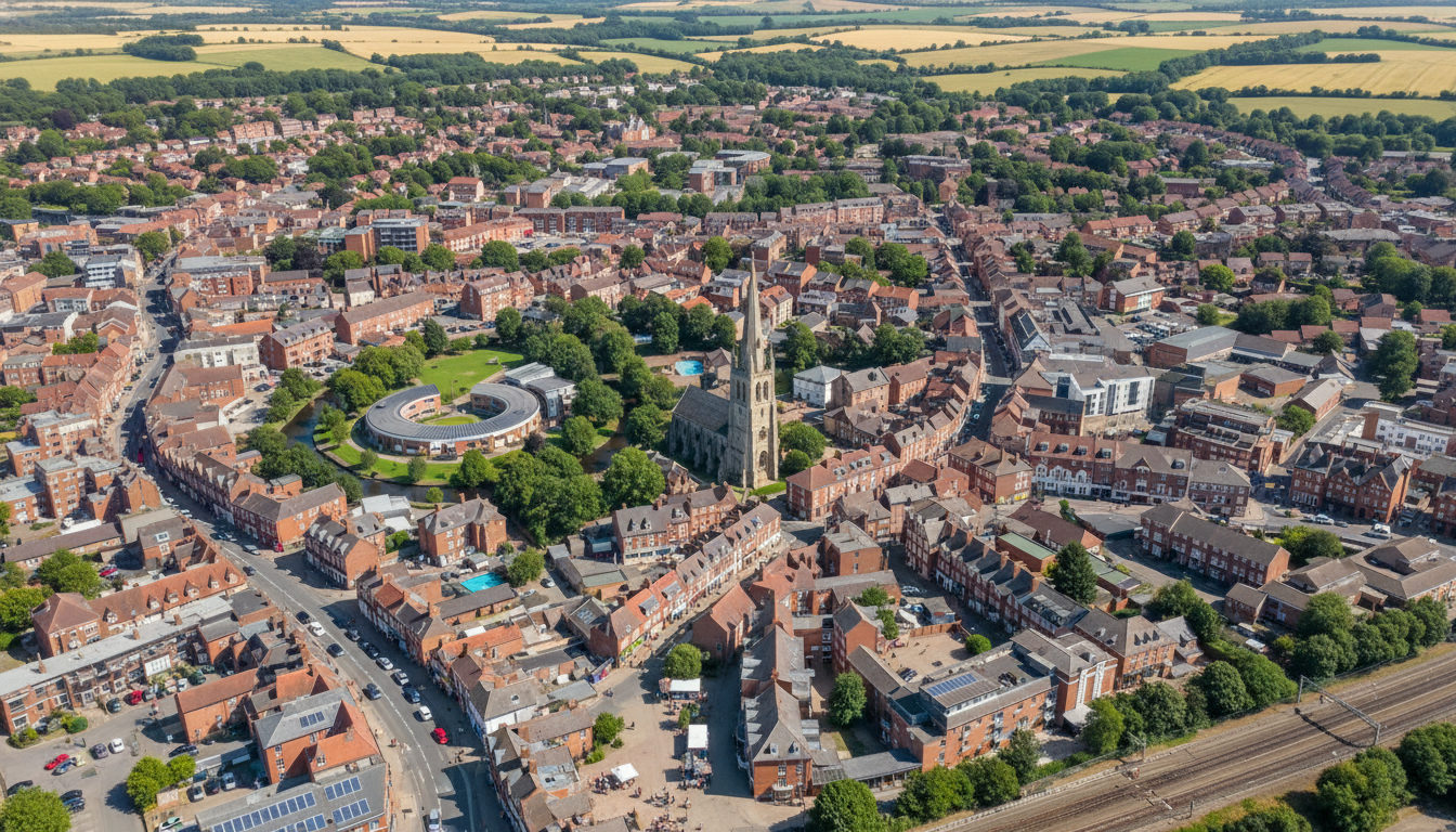 Stowmarket, UK - aerial view showing the town center and local architecture