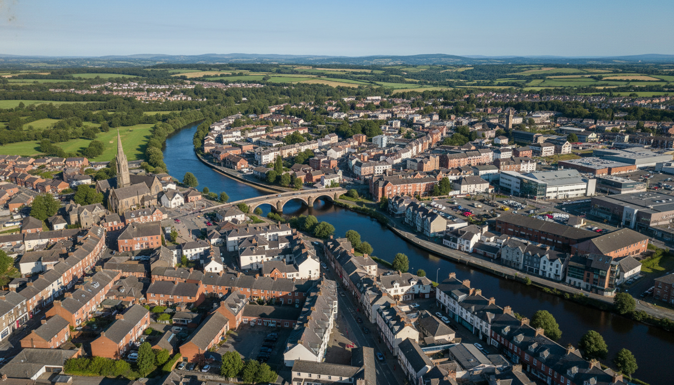 Strabane, UK - aerial view showing the town center and local architecture