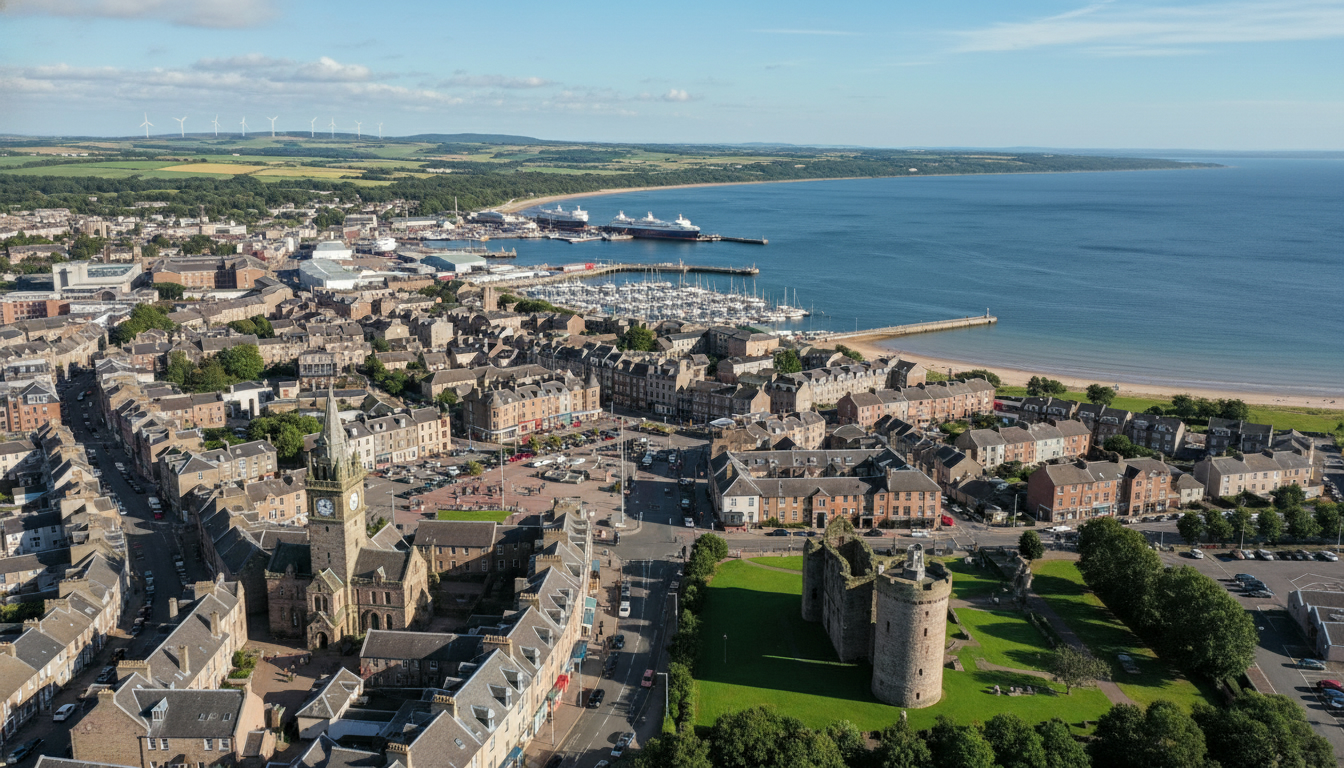 Stranraer, UK - aerial view showing the town center and local architecture