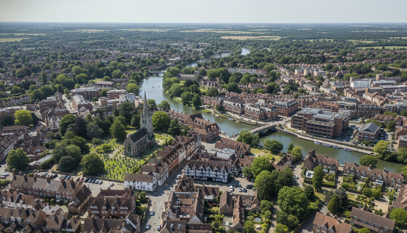 Stratford-upon-Avon, UK - aerial view showing the town center and local architecture