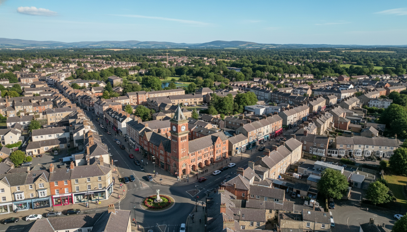 Street, UK - aerial view showing the town center and local architecture