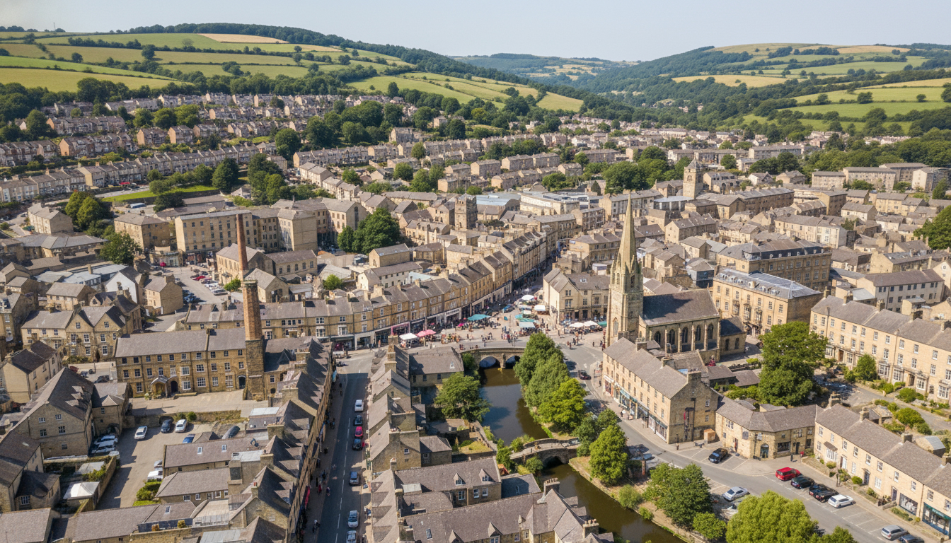 Stroud, UK - aerial view showing the town center and local architecture