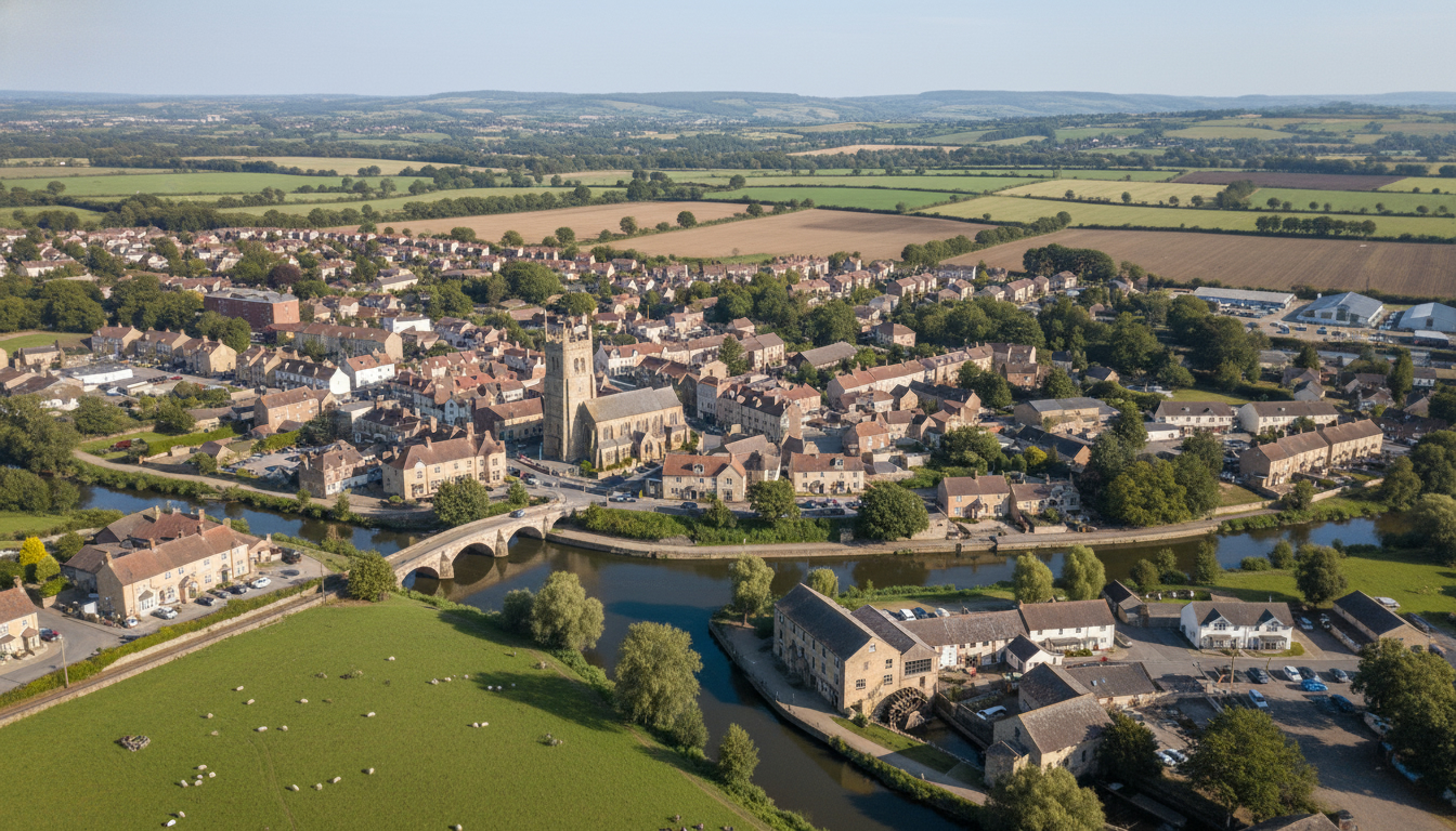 Sturminster Newton, UK - aerial view showing the town center and local architecture