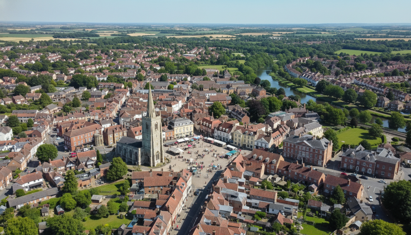 Sudbury, UK - aerial view showing the town center and local architecture