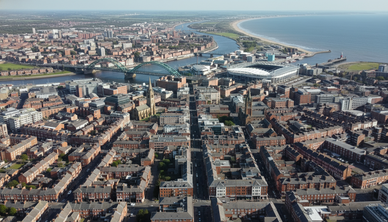 Sunderland, UK - aerial view showing the town center and local architecture