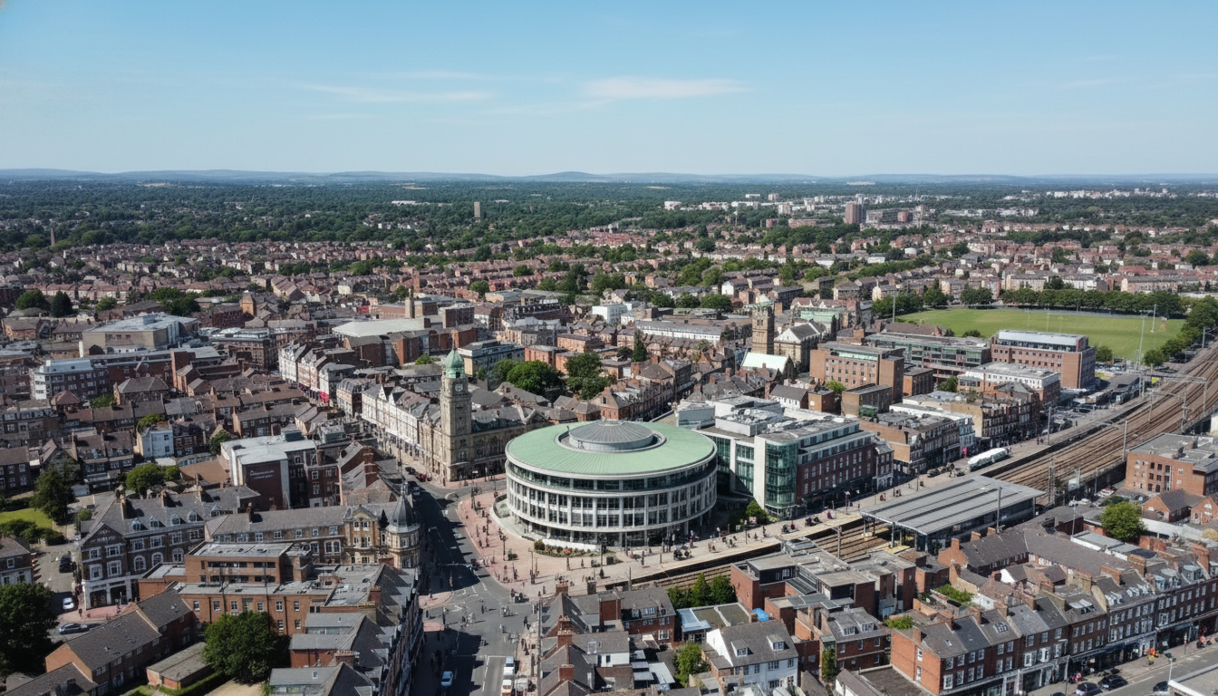Sutton, UK - aerial view showing the town center and local architecture