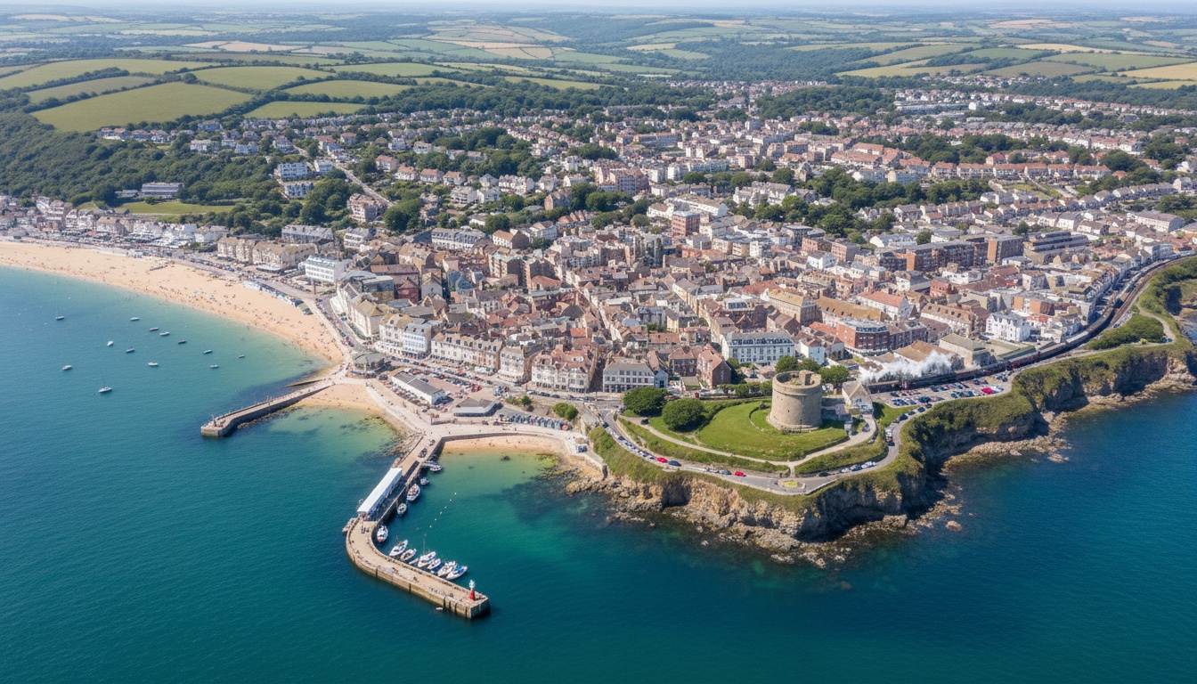 Swanage, UK - aerial view showing the town center and local architecture