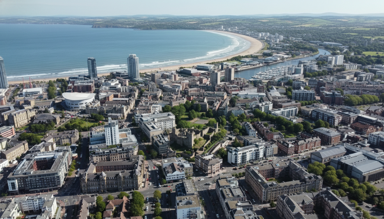Swansea, UK - aerial view showing the town center and local architecture