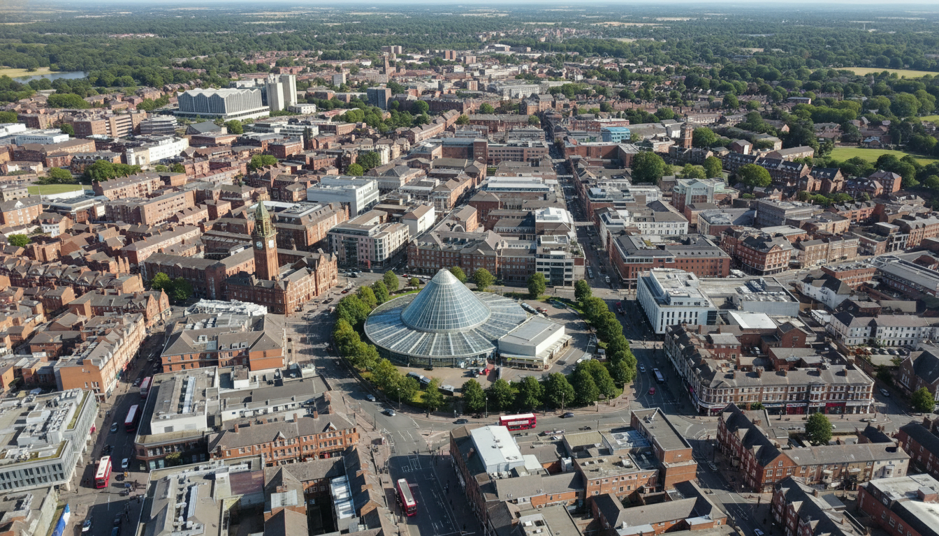 Swindon, UK - aerial view showing the town center and local architecture