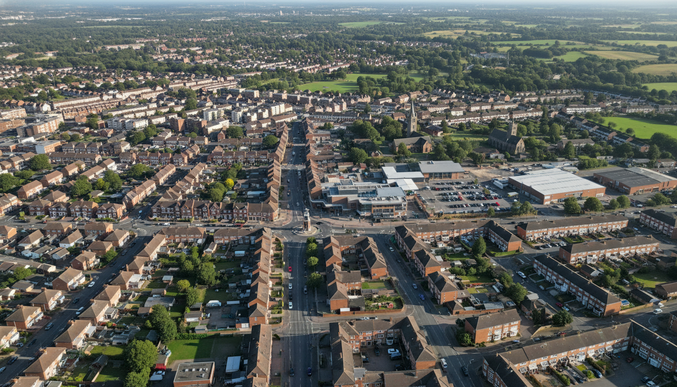 Tadley, UK - aerial view showing the town center and local architecture