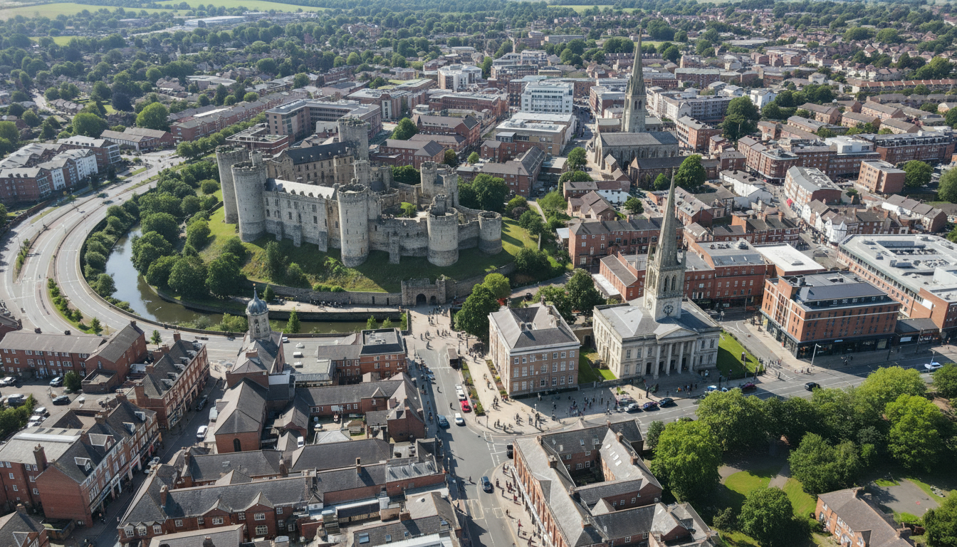 Tamworth, UK - aerial view showing the town center and local architecture