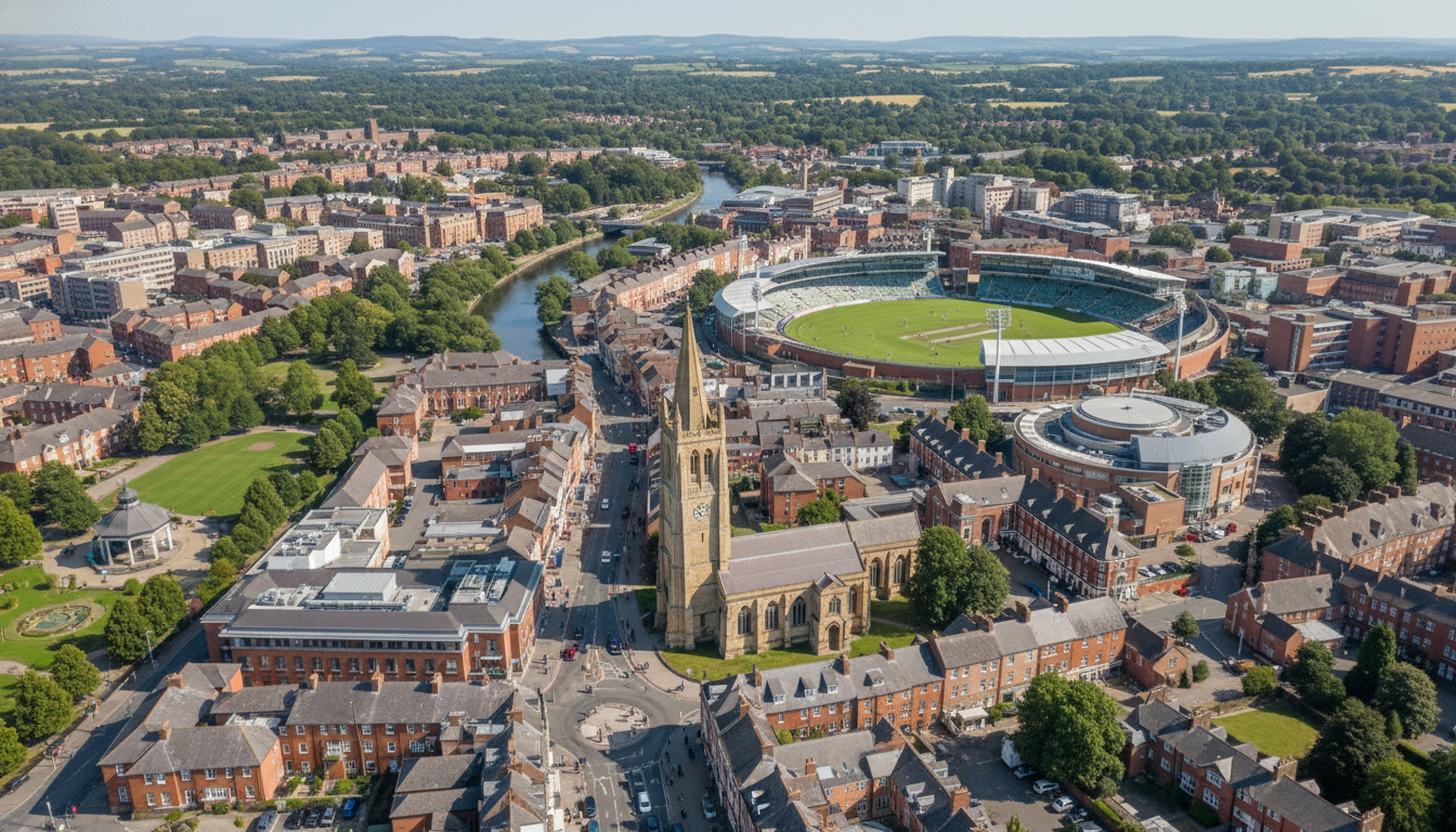Taunton, UK - aerial view showing the town center and local architecture